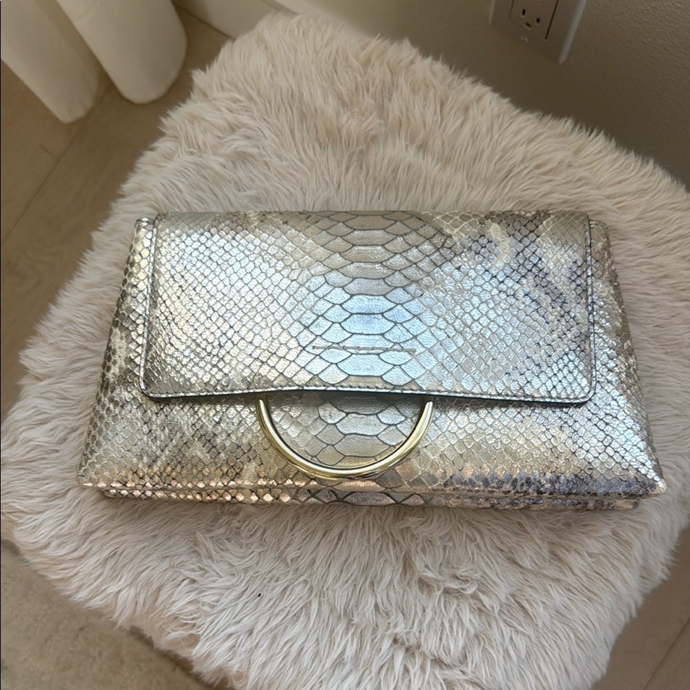 Henri Bendel Elegant Silver Snakeskin Clutch